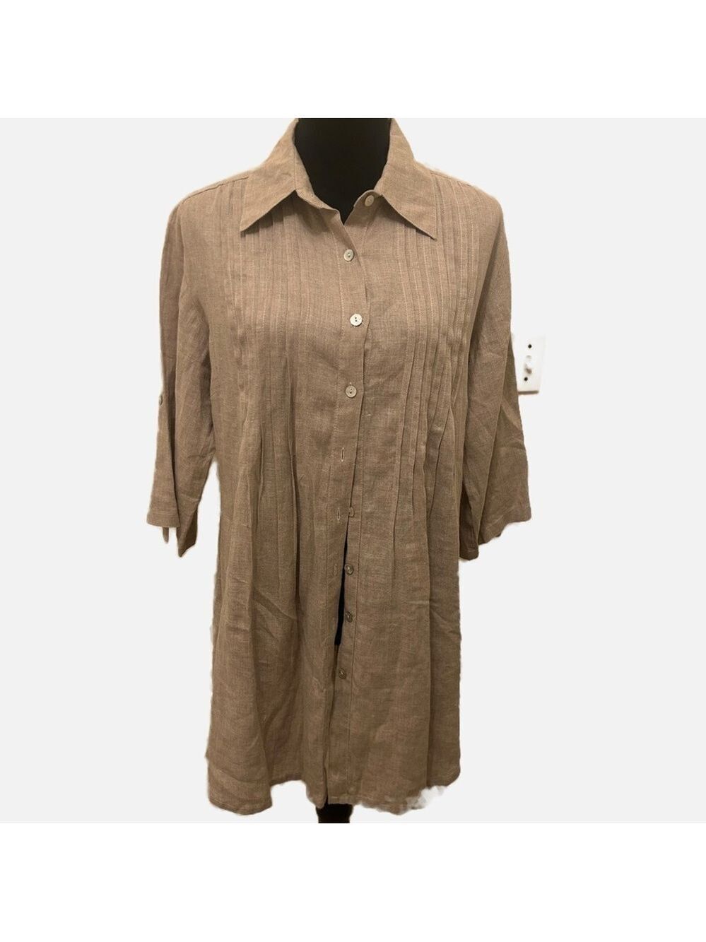 PURO LINO Women’s Linen Tunic Top XL Resort Beachy Tan Button Minimalist